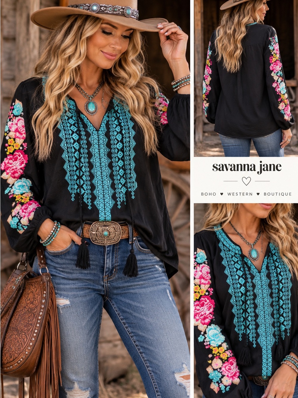 Savanna Jane Black Embroidered Boho Western Blouse Size M NWT